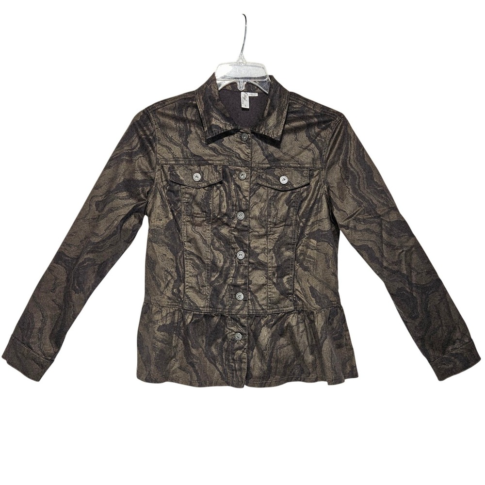 Ethyl Womens Brown Marble Bronze Shimmer Nellie Peplum Button Front Jacket Small